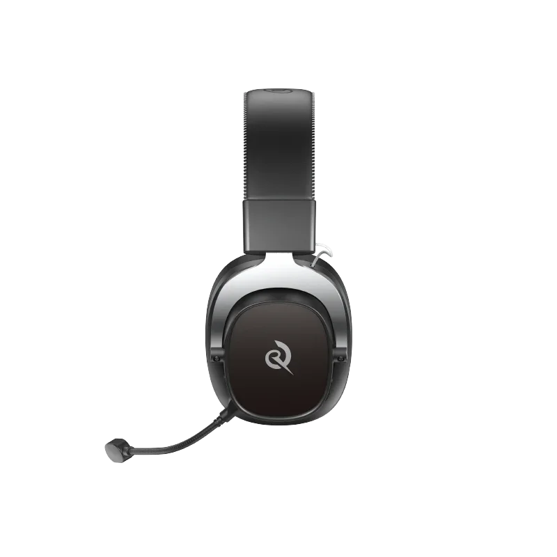 Wireless gaming headset with mic, sleek black design, immersive audio for PC and console