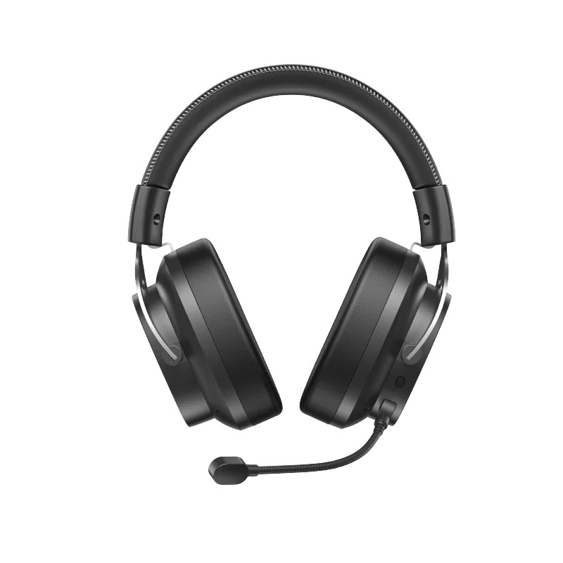 Black over-ear wireless gaming headset with microphone and textured headband