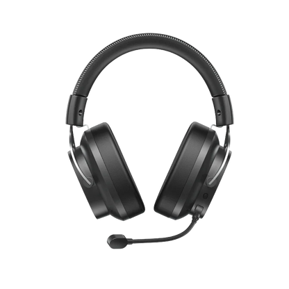 Black over-ear wireless gaming headset with microphone and textured headband