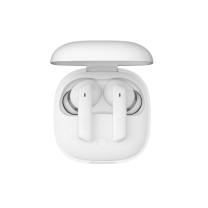White QCY MeloBuds ANC earbuds in open charging case, top view, sleek design on white background.