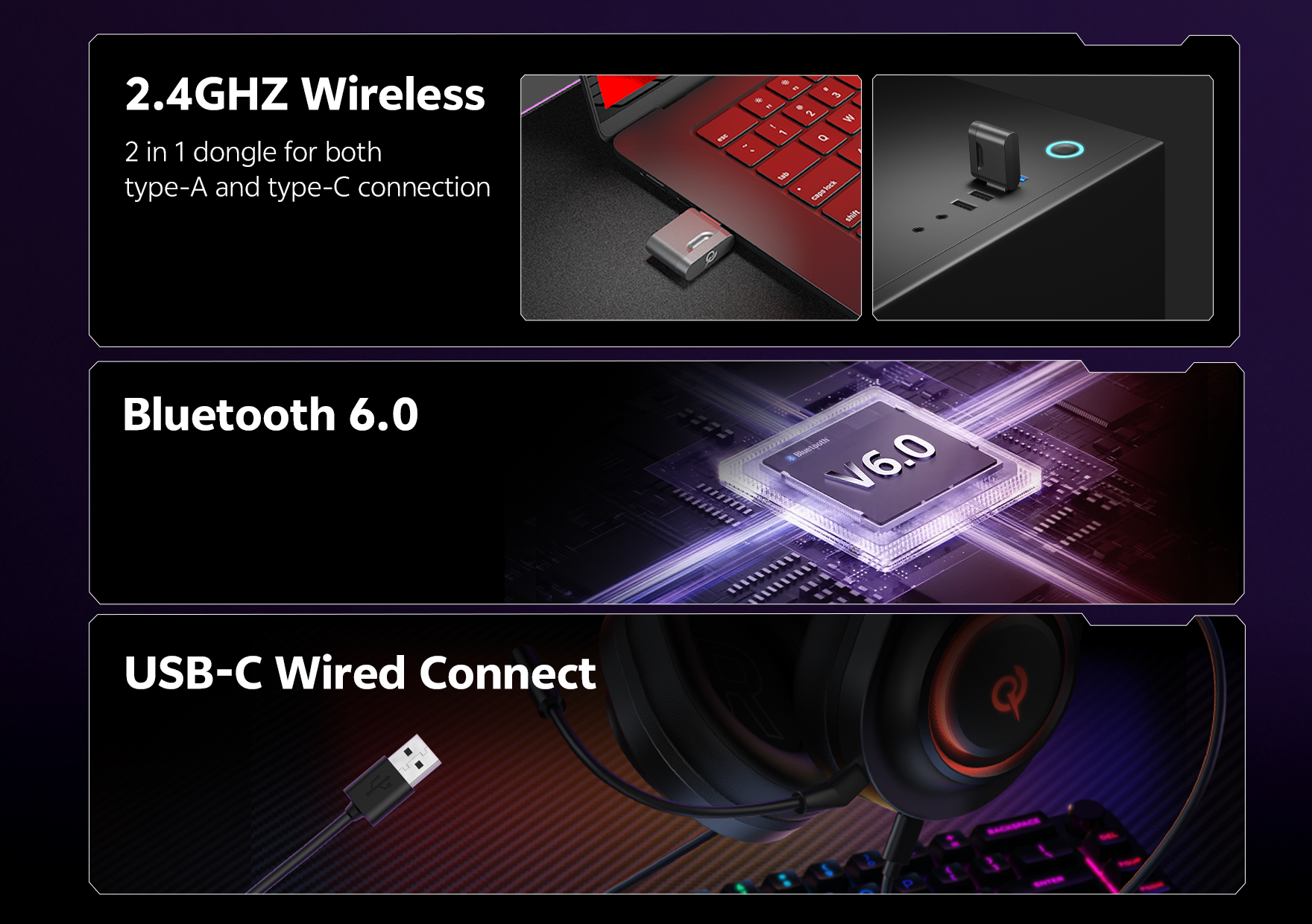 QCY H3 Wireless Gaming Headset 2.4GHz Bluetooth 6.0 USB-C Wired Connect RGB
