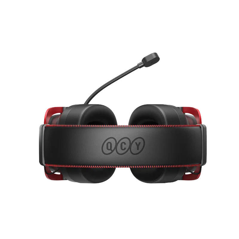 Black and red gaming headset with QCY logo and flexible mic, designed for immersive audio on iOS and Android.