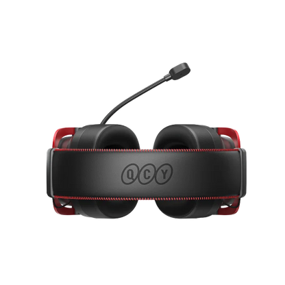 Black and red gaming headset with QCY logo and flexible mic, designed for immersive audio on iOS and Android.