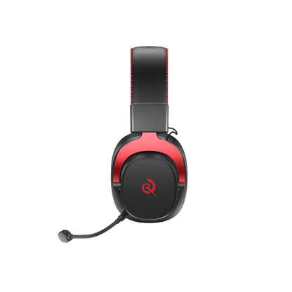 Black and red wireless gaming headset with mic and logo, designed for immersive audio on iOS and Android.