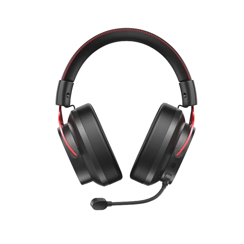 Black over-ear gaming headphones with red stitching and detachable mic, wireless audio for immersive sound
