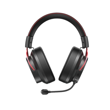 Black over-ear gaming headphones with red stitching and detachable mic, wireless audio for immersive sound