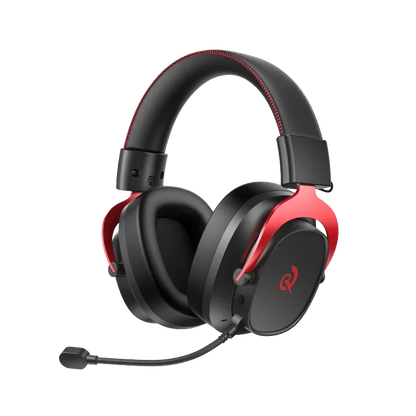 Black and red gaming headset with microphone, featuring over-ear design and sleek accents for immersive audio.