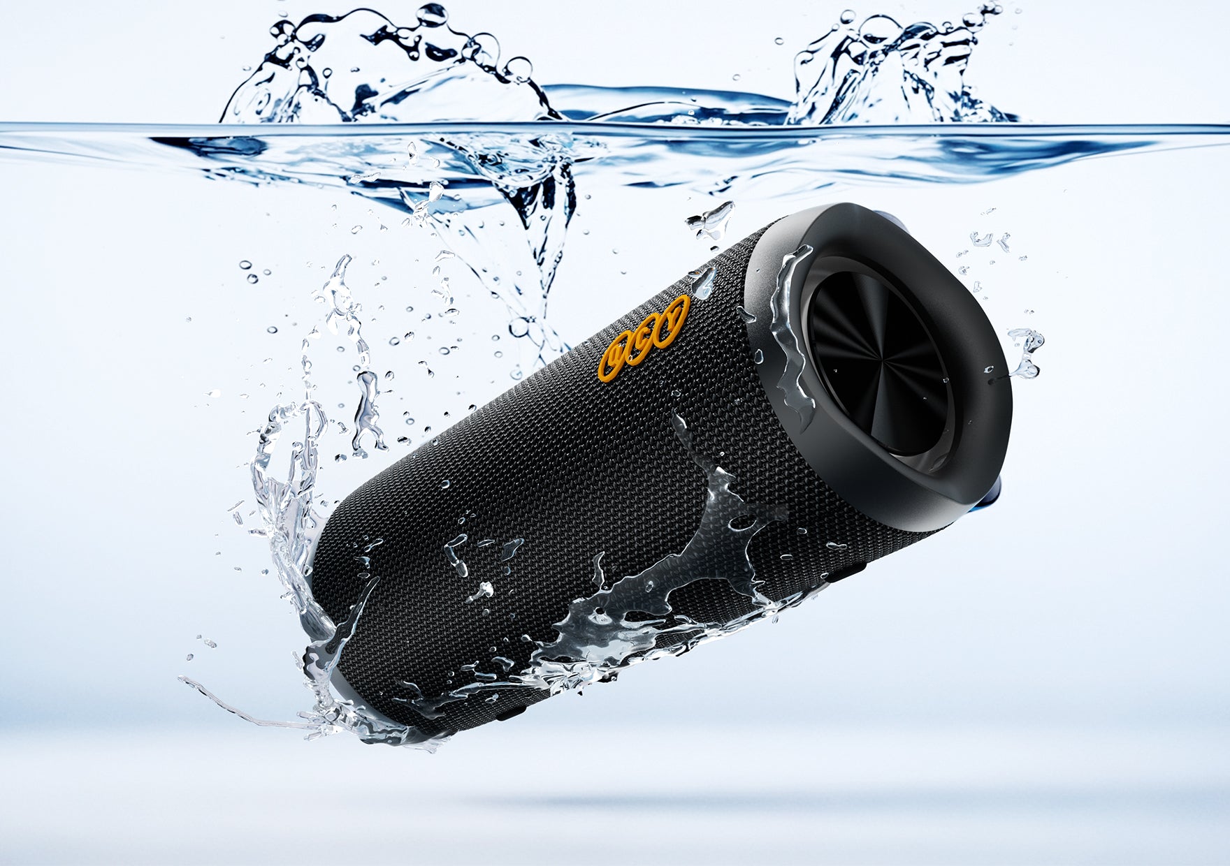 OCOO Waterproof Bluetooth Speaker splashing in water, black portable wireless audio with orange logo.
