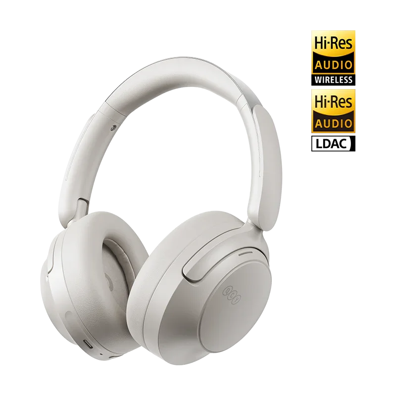 White QCY H3S over-ear wireless headphones, front-right angled view with Hi-Res Audio Wireless and LDAC badges.