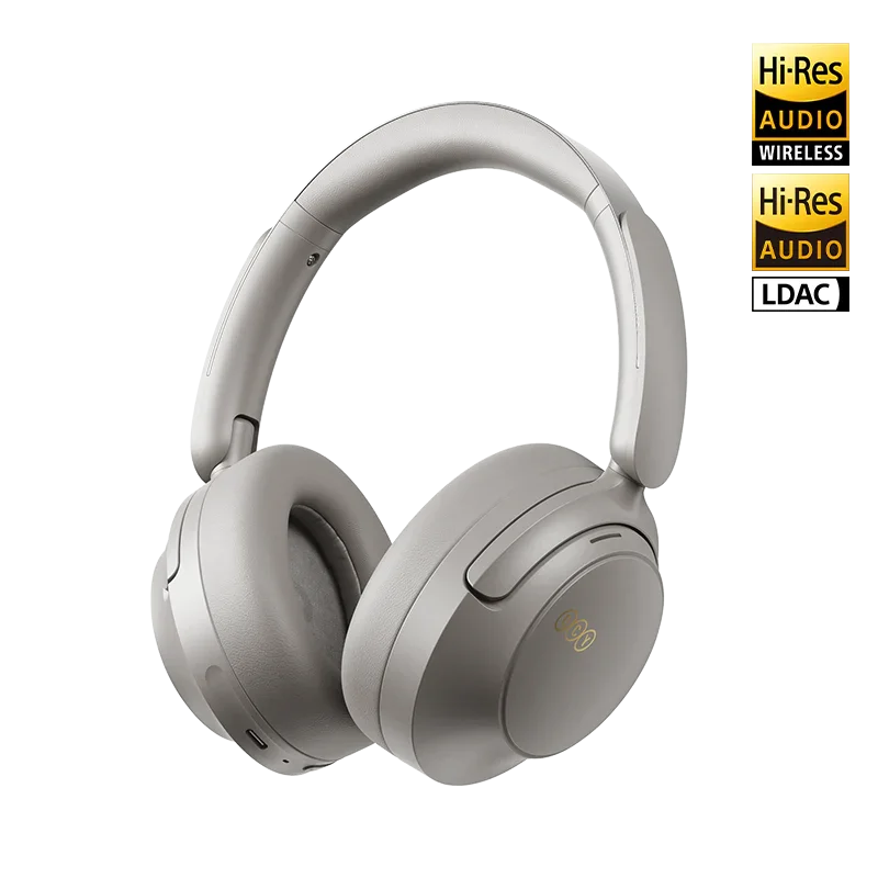 Gray QCY H3S over-ear wireless headphones, front-right angled view with Hi-Res Audio Wireless and LDAC badges.