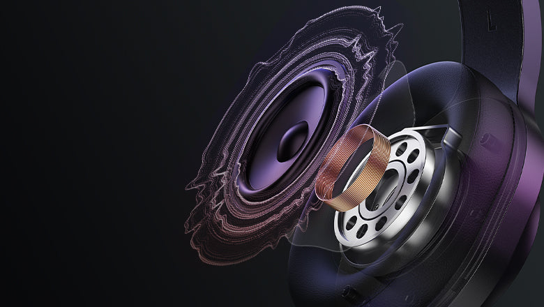 Cutaway view of premium purple over-ear headphones showing internal speaker driver and copper voice coil for high-fidelity au