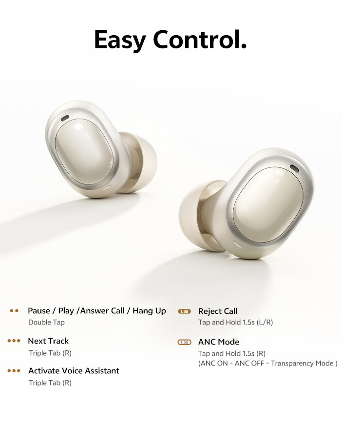 White wireless earbuds with touch controls for music, calls, voice assistant, and ANC mode switching.