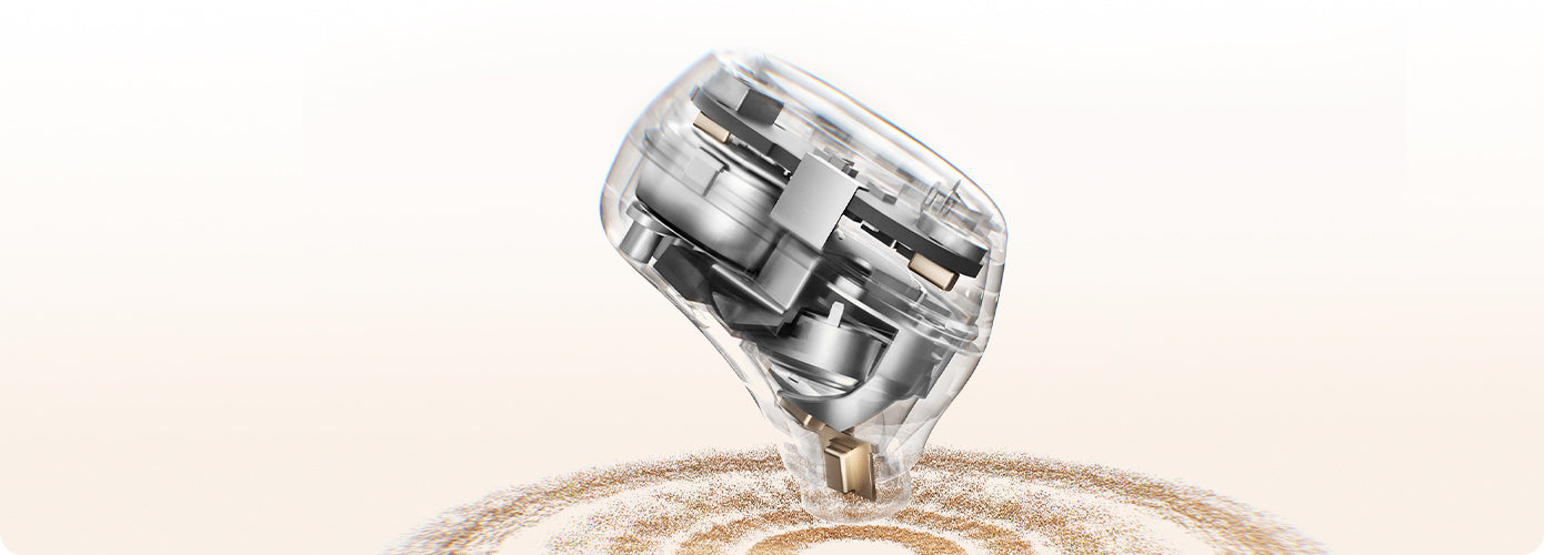 Transparent view of advanced motor mechanism with swirling particles, showcasing precision engineering and internal component