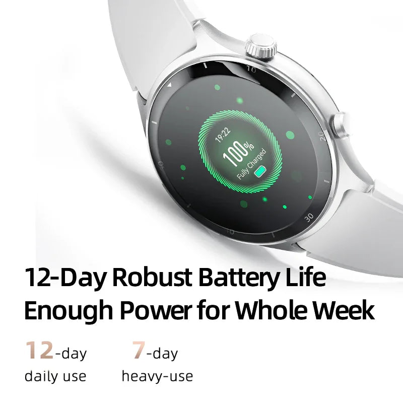 Smartwatch displaying 100% battery, 12-day life for daily use, sleek white design