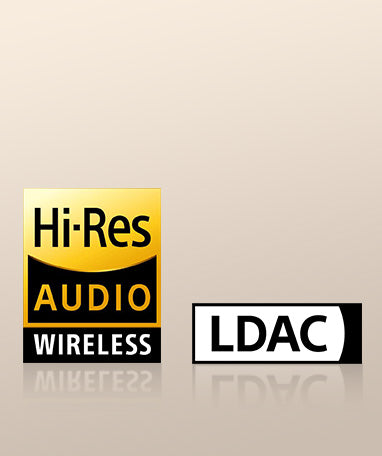 Hi-Res Audio Wireless and LDAC logos displayed on a beige background, highlighting high-quality audio technology.