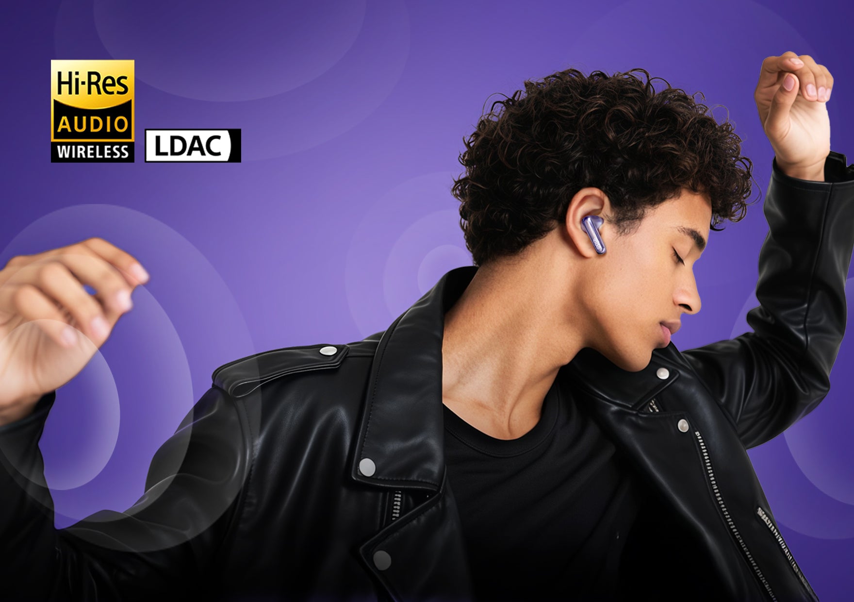 Man wearing wireless earbuds, Hi-Res Audio LDAC logo.