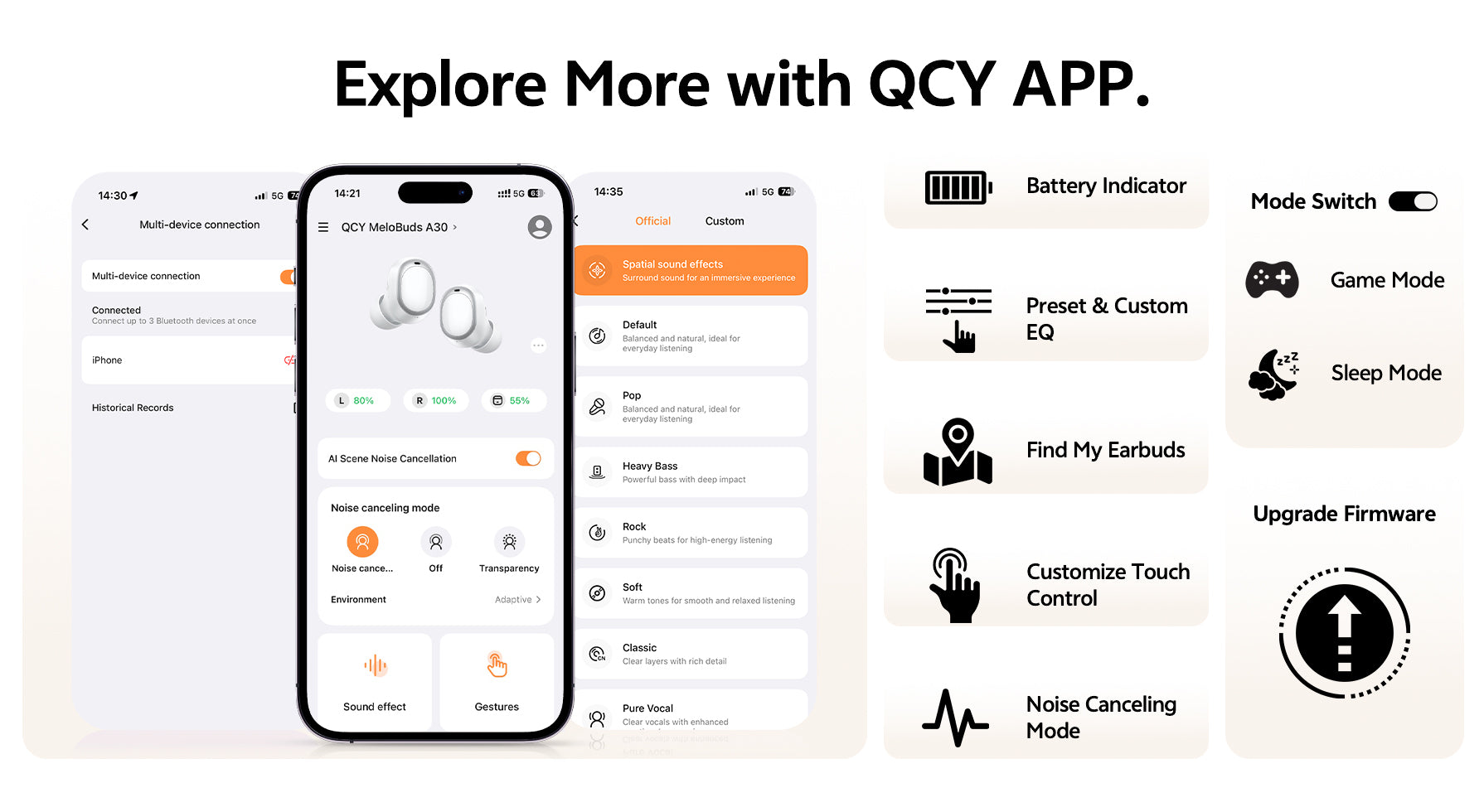 QCY MeloBuds A30 earbuds app features noise cancellation, EQ settings, and multi-device connectivity.