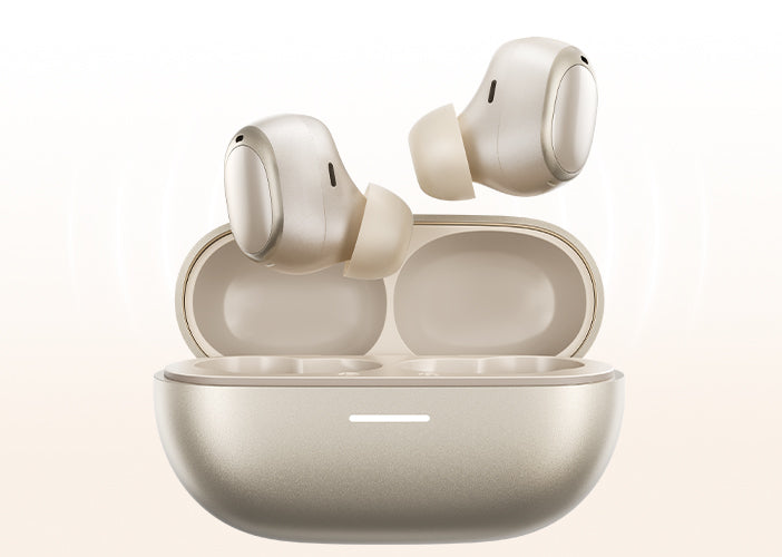 Wireless earbuds in champagne gold with charging case, sleek design for premium audio experience