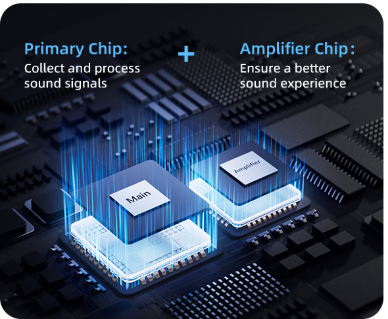 Primary chip collects sound signals, amplifier chip ensures better audio experience.