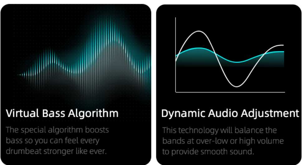 Audio tech features: Virtual Bass Algorithm boosts bass, Dynamic Audio Adjustment balances sound for smooth playback.
