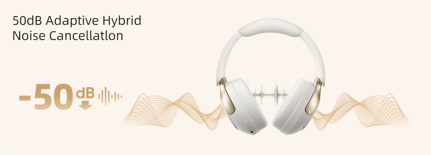 White over-ear headphones with 50dB adaptive hybrid noise cancellation.