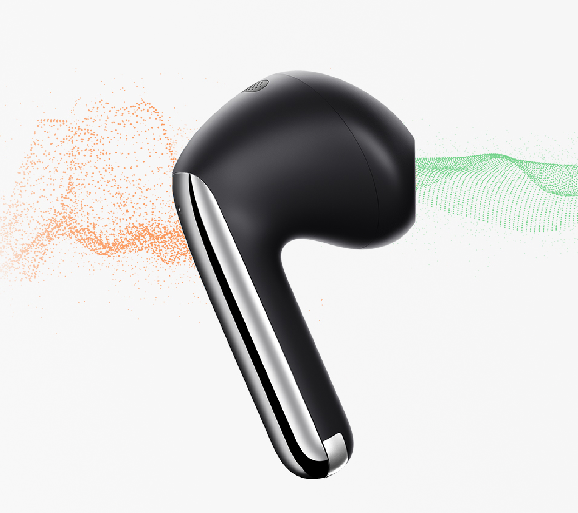 Black wireless earbud with silver accents and colorful sound waves.