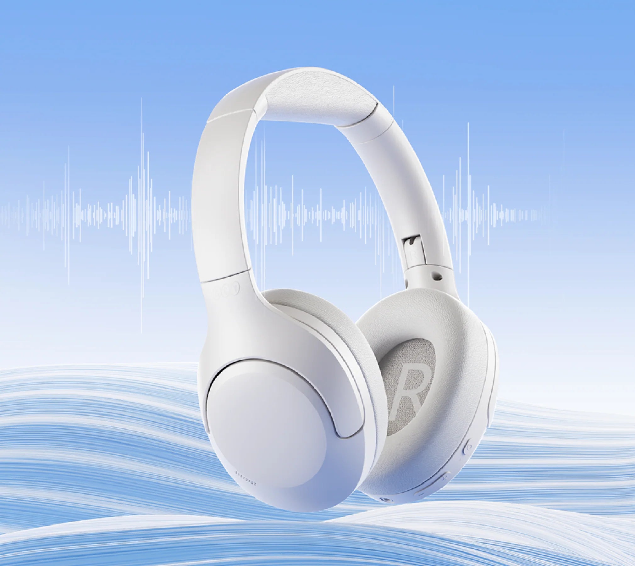 White wireless headphones with noise cancellation, featuring soft ear cushions and sleek design for immersive audio experienc
