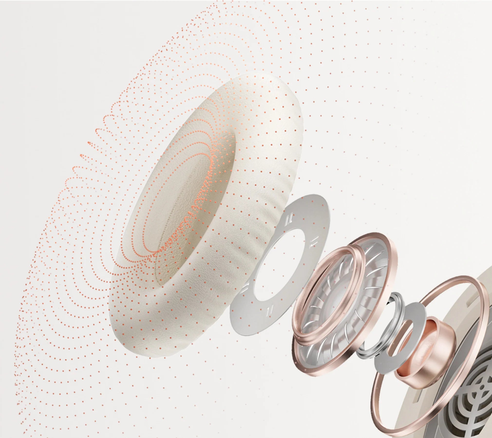 Rose gold wireless headphones exploded view showing internal components and sound waves