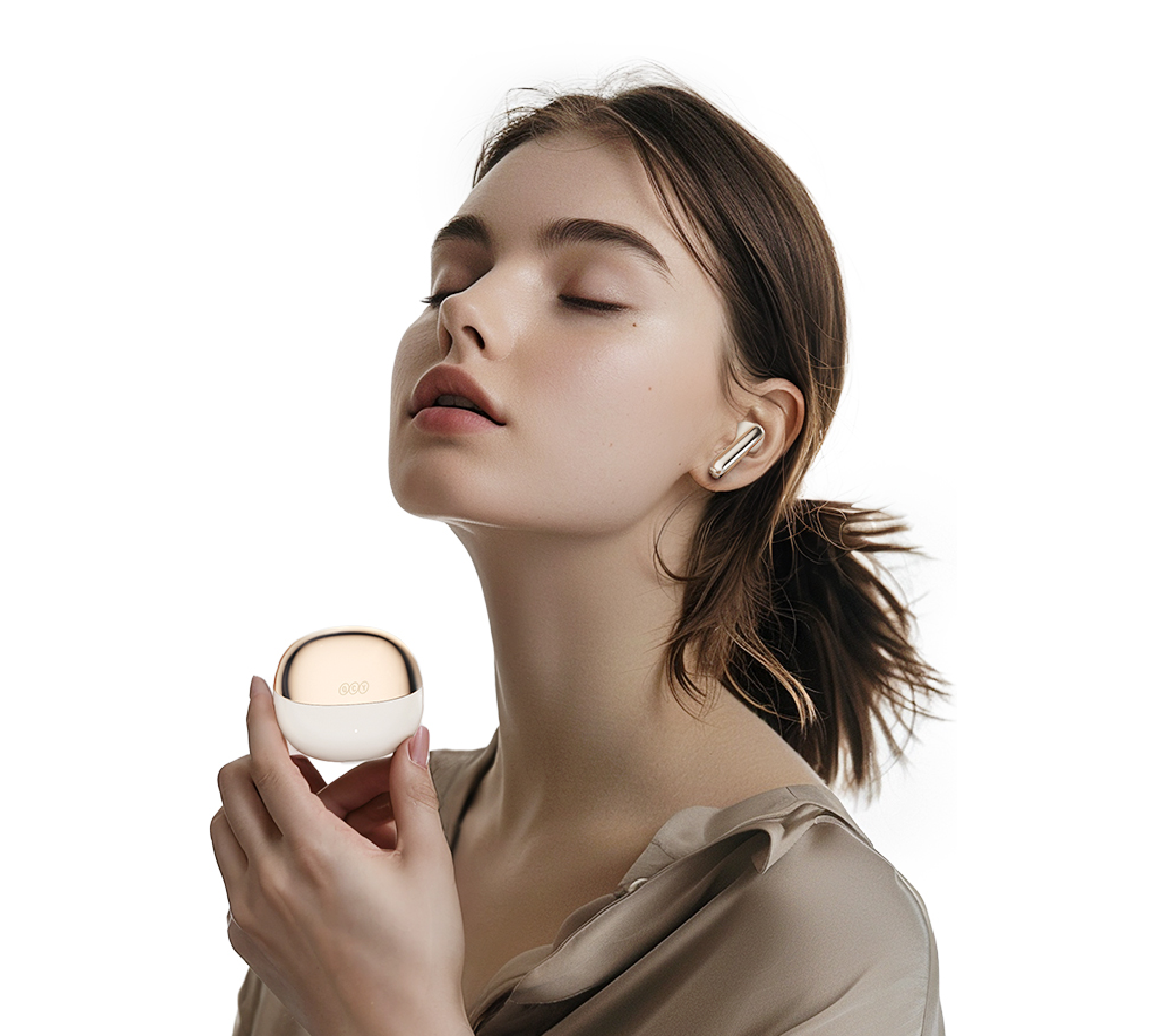 Woman holding wireless earbuds case, serene expression
