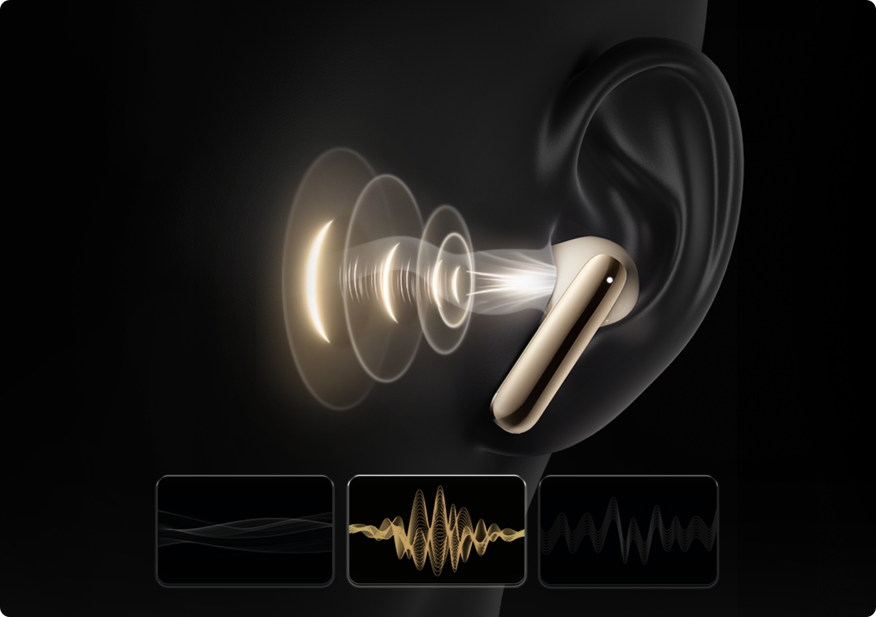 Gold wireless earbuds with sound waves and audio waveforms.
