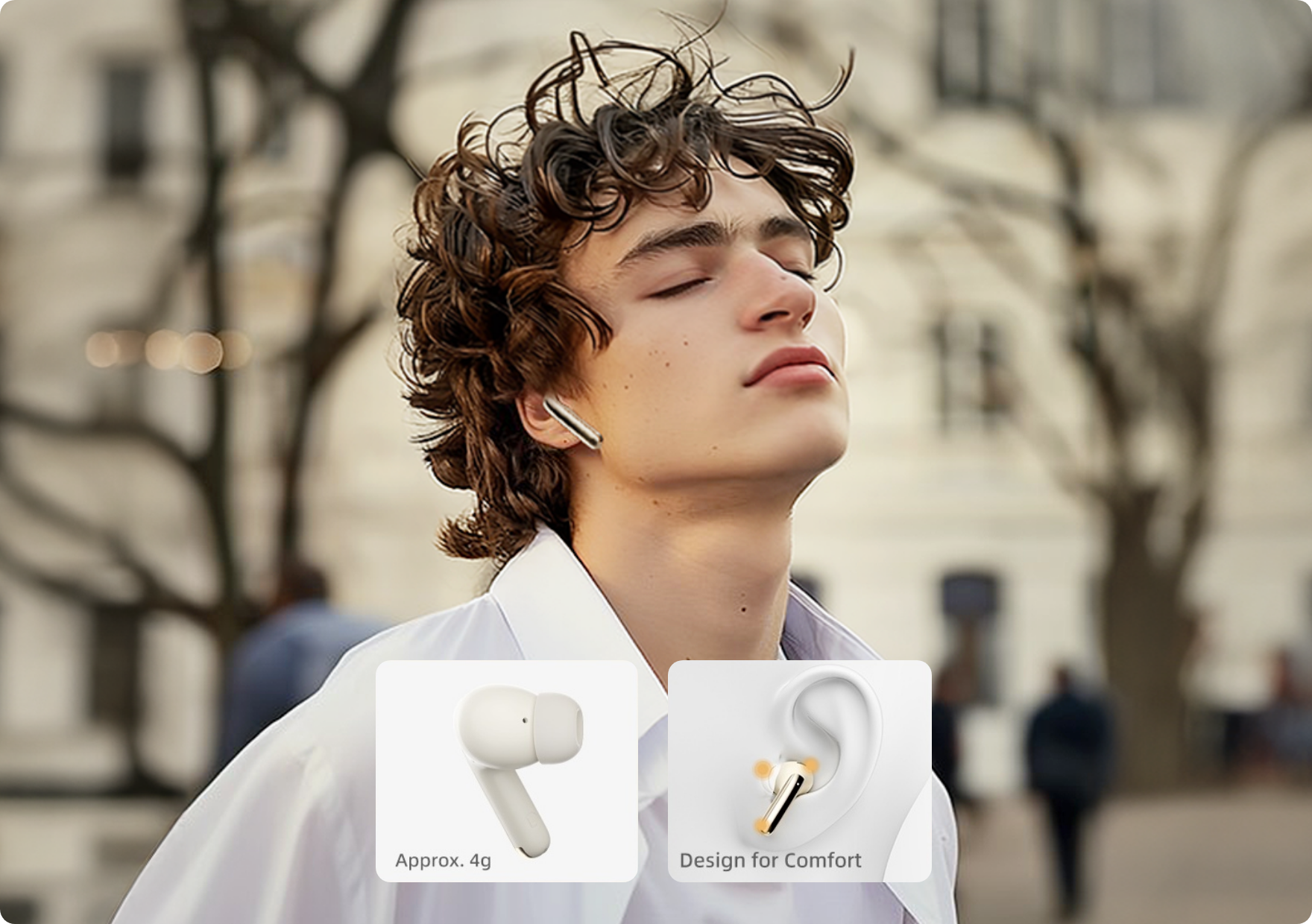 Young man wearing lightweight wireless earbuds for comfort and all-day wear.