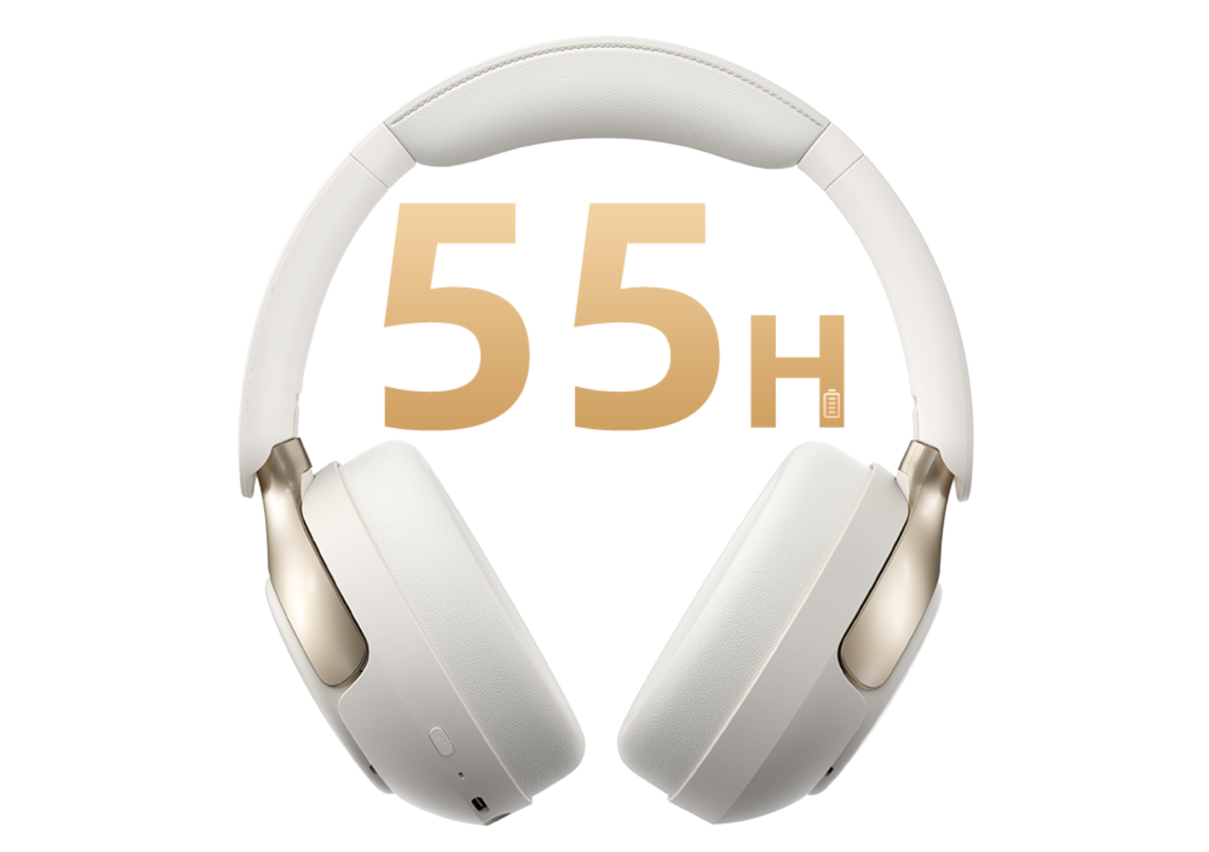 White wireless over-ear headphones with 55H battery life, gold accents, soft ear cushions for long-lasting comfort.