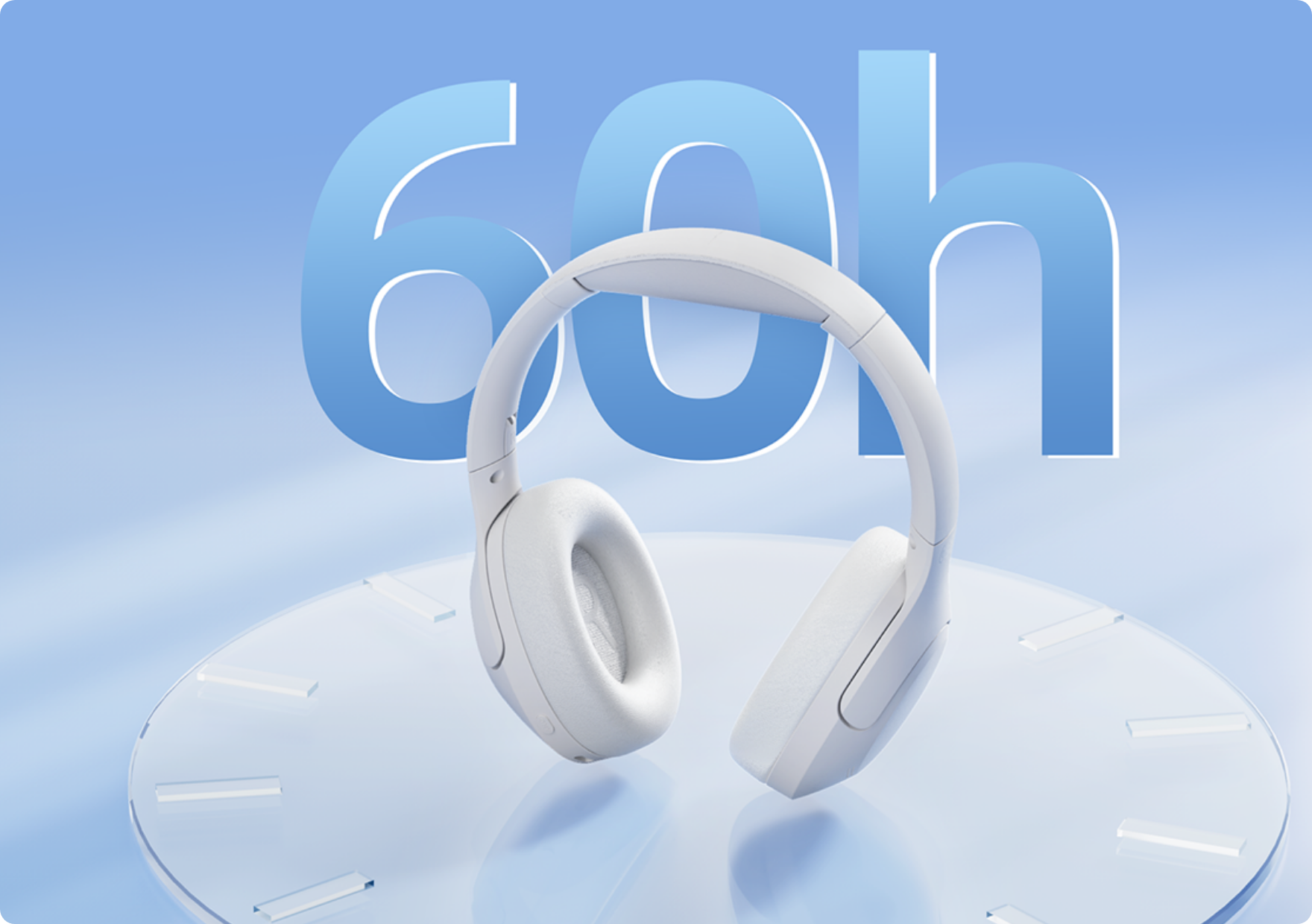 White wireless headphones with 60h battery life on clock display