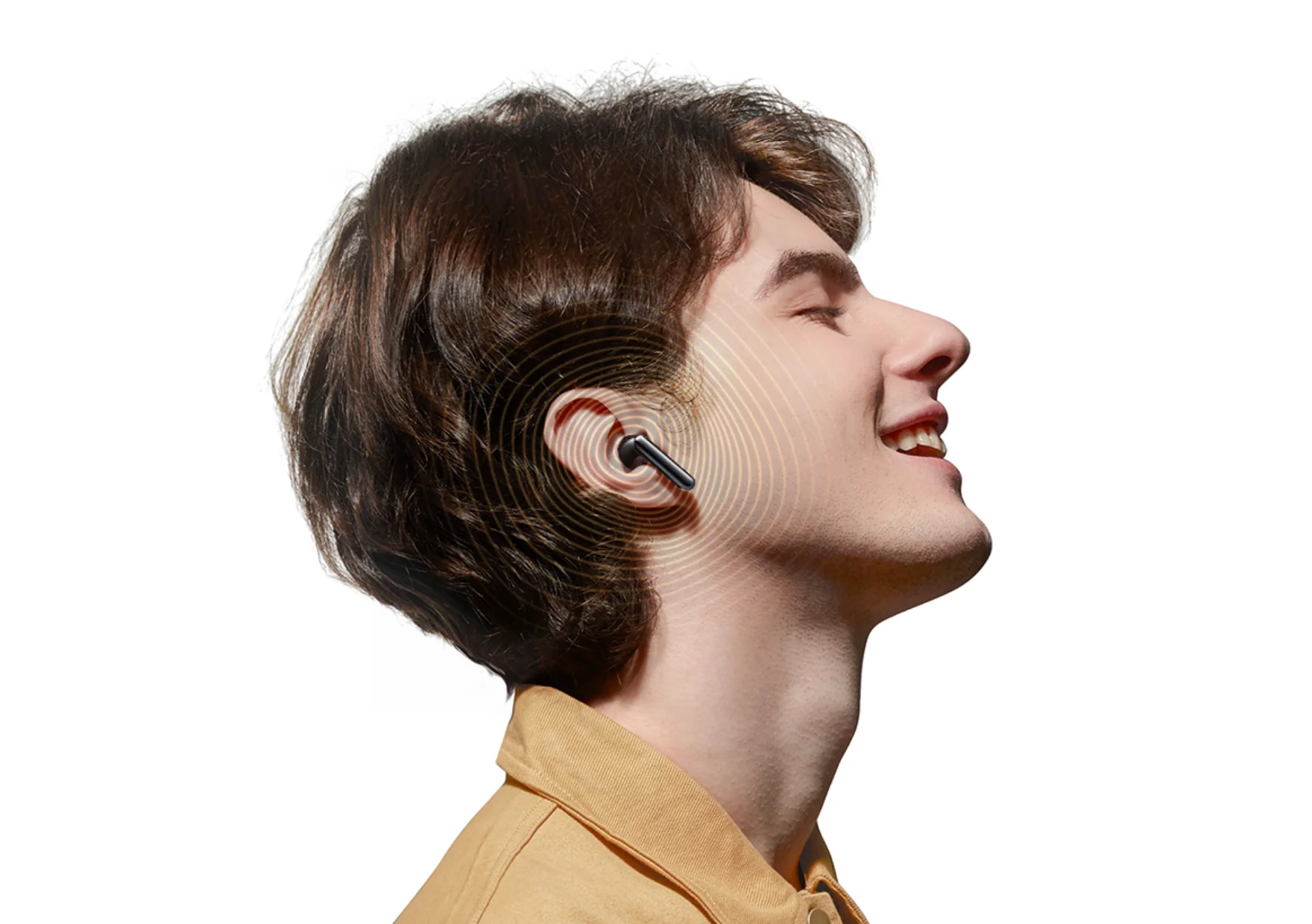 Man wearing black wireless earbuds, enjoying music with sound waves.
