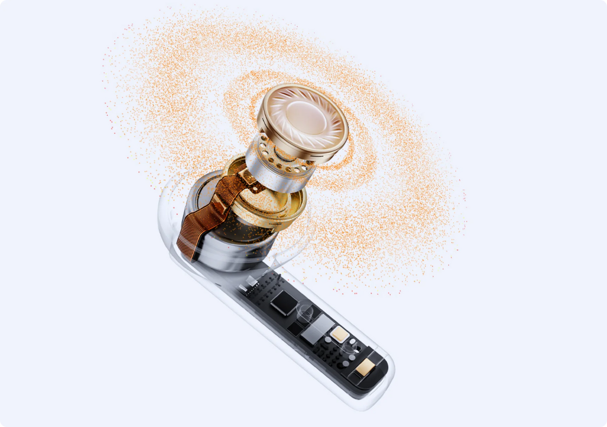 _ Deximpo International Limited Transparent portable fan with gold accents and orange particle effect, showcasing internal circuitry on light background.