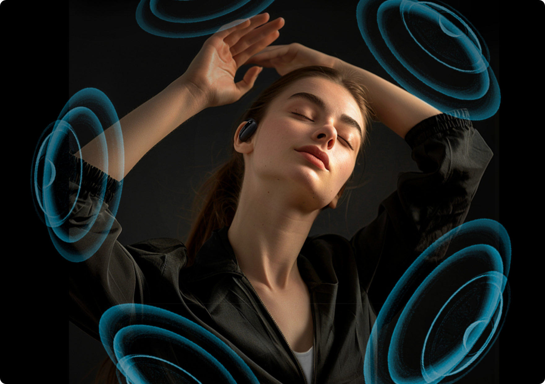 Woman wearing wireless earbuds with blue soundwave graphics, arms raised in relaxation.