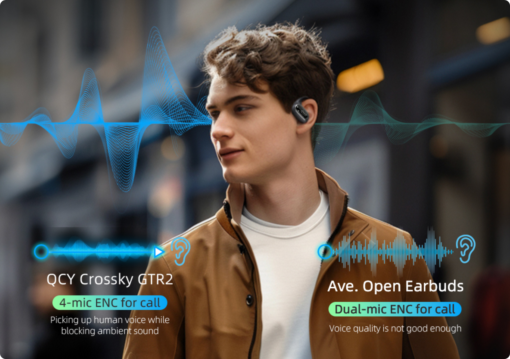 QCY Crossky GTR2 open earbuds with 4-mic ENC call clarity, blocking ambient noise for superior voice quality.