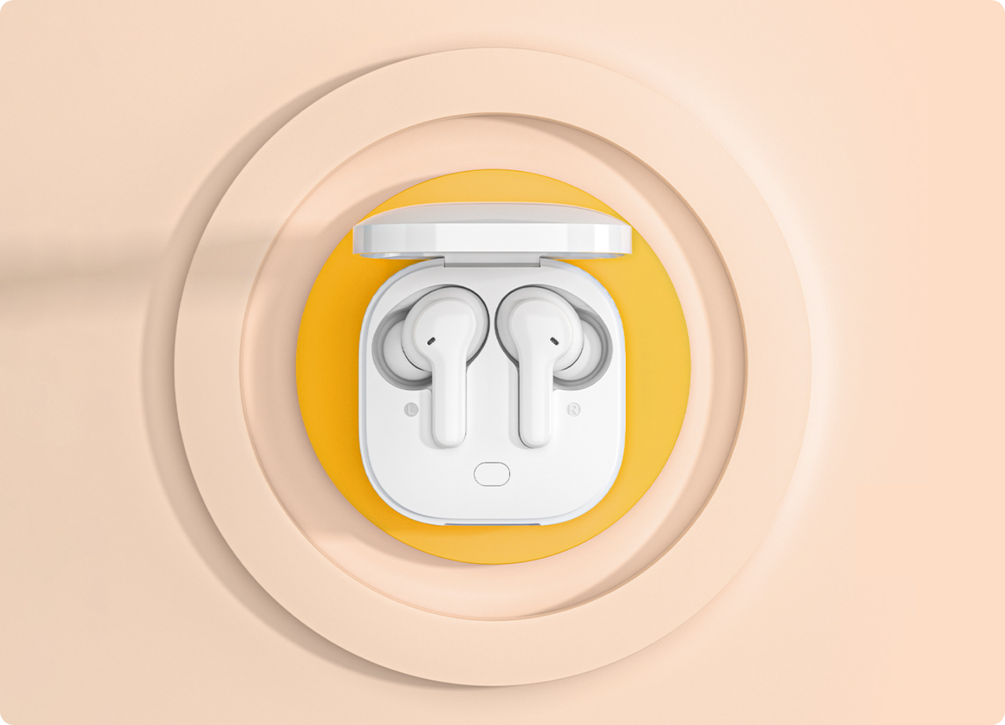 White wireless earbuds in open charging case on yellow circle background.