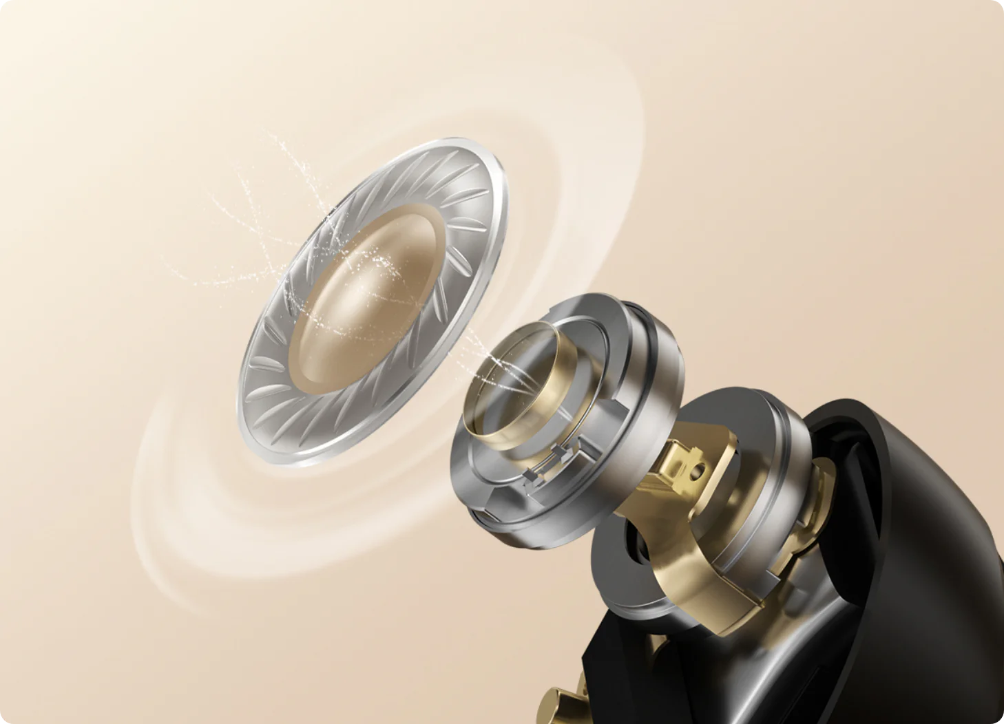 Close-up of premium earbud driver with gold-plated coil and silver mesh, showcasing high-fidelity audio technology.