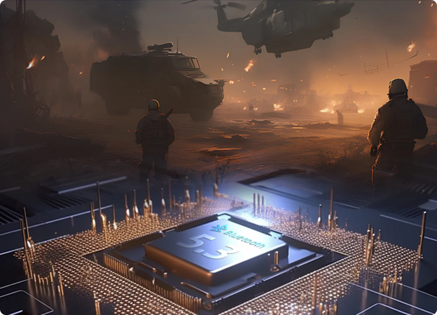 Bluetooth 5.3 chip on circuit board, futuristic tech warfare background