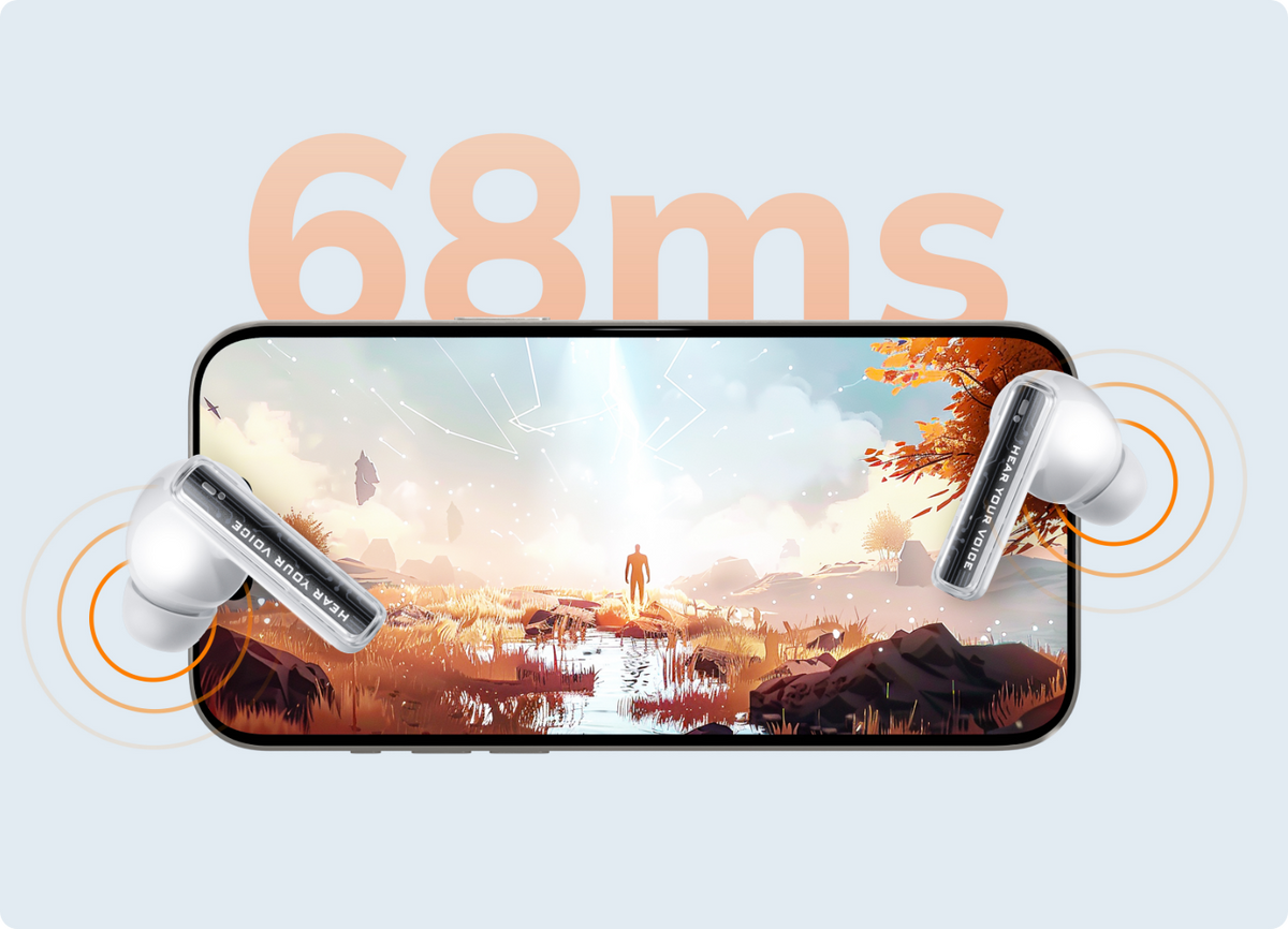 _ Deximpo International Limited Wireless Earbuds with 68ms Low Latency for Gaming & Music, featuring immersive sound and sleek design.