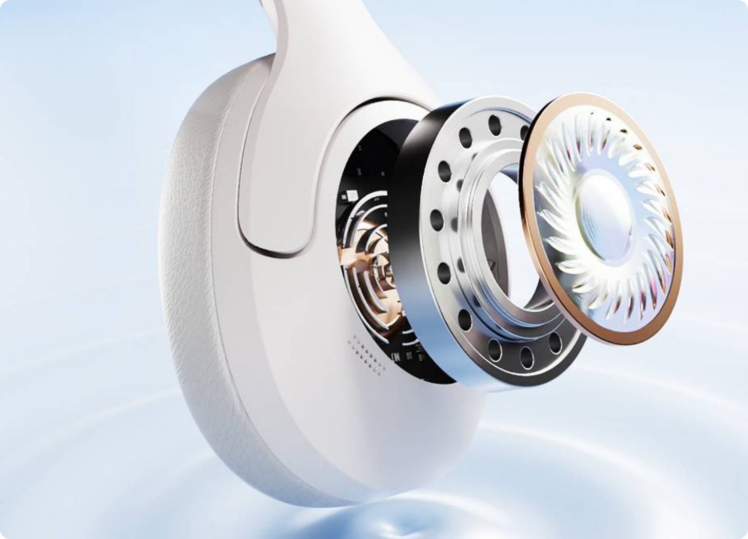 Premium wireless earbud with advanced driver unit and noise-canceling technology, showcasing internal components for superior