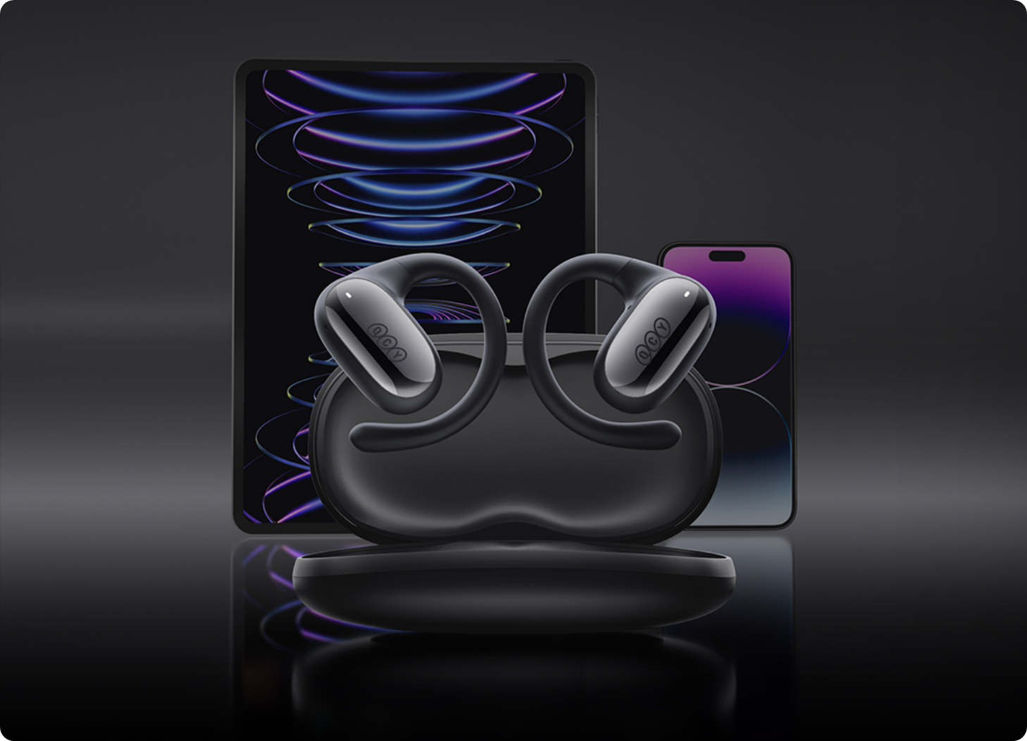 QCY HT05 open ear wireless headphones with charging case, compatible with iPhone and iPad.