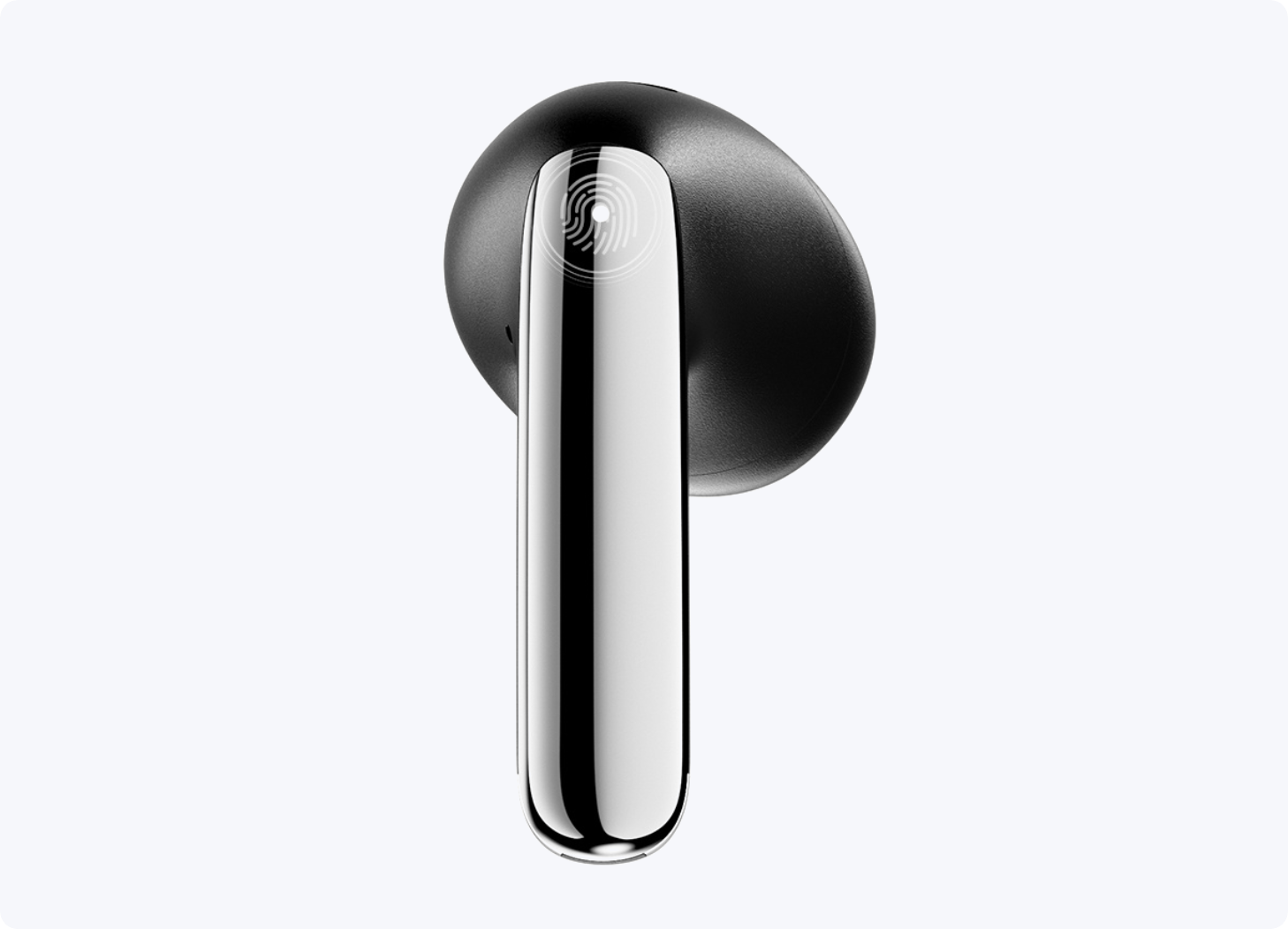 Black wireless earbud with silver stem and fingerprint sensor.