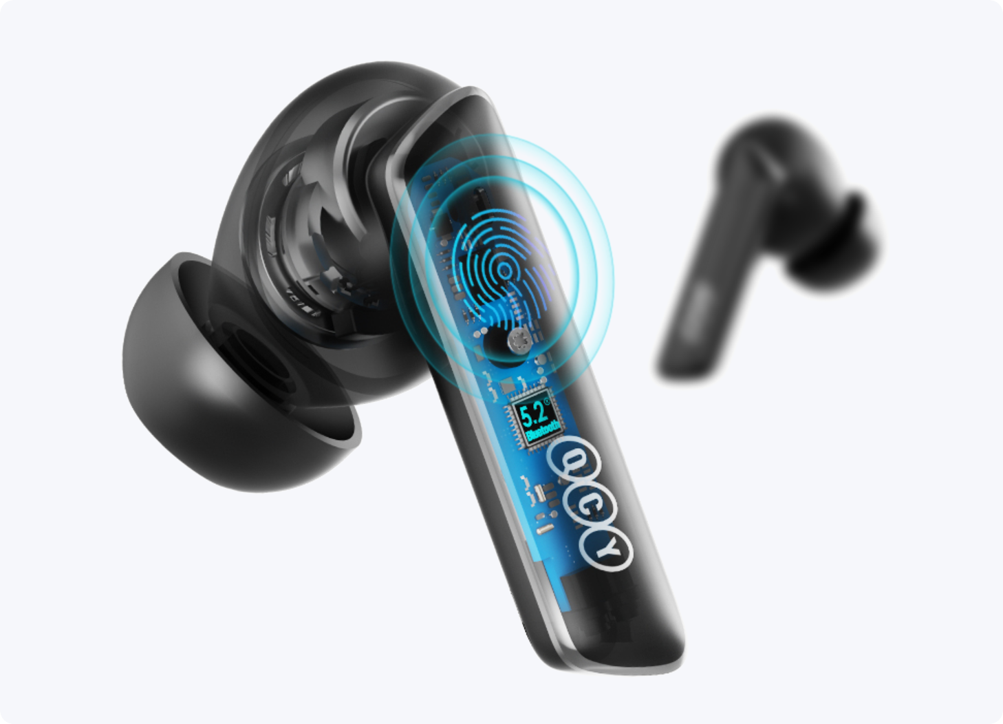Black wireless earbuds with Bluetooth 5.2 chip and fingerprint sensor, transparent case showing internal tech.