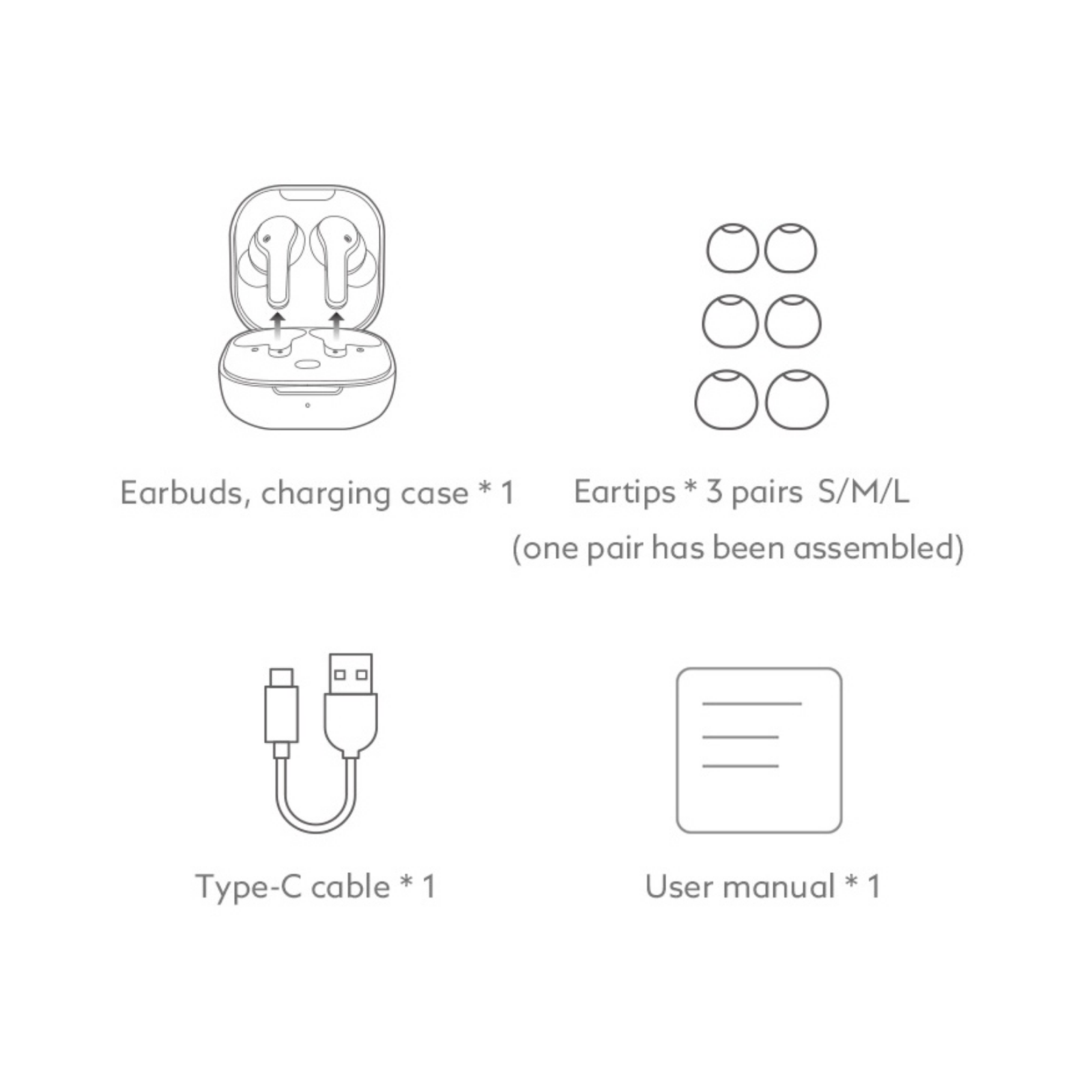 Wireless earbuds with charging case, 3 eartip sizes, Type-C cable & user manual.
