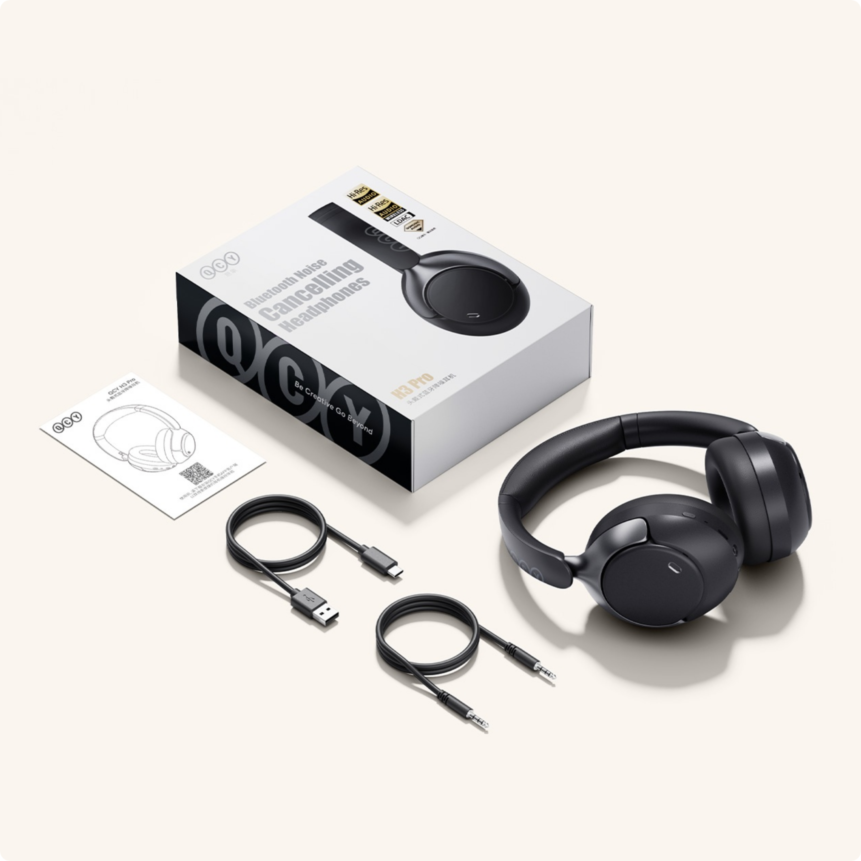 QCY H3 Pro Bluetooth Noise Cancelling Headphones with USB-C and 3.5mm cables