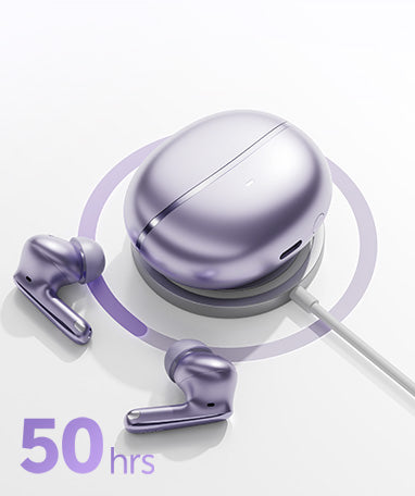 Purple wireless earbuds with charging case, 50-hour battery life, sleek design for music and calls.