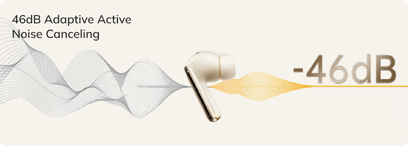 Gold wireless earbuds with 46dB adaptive active noise canceling feature.