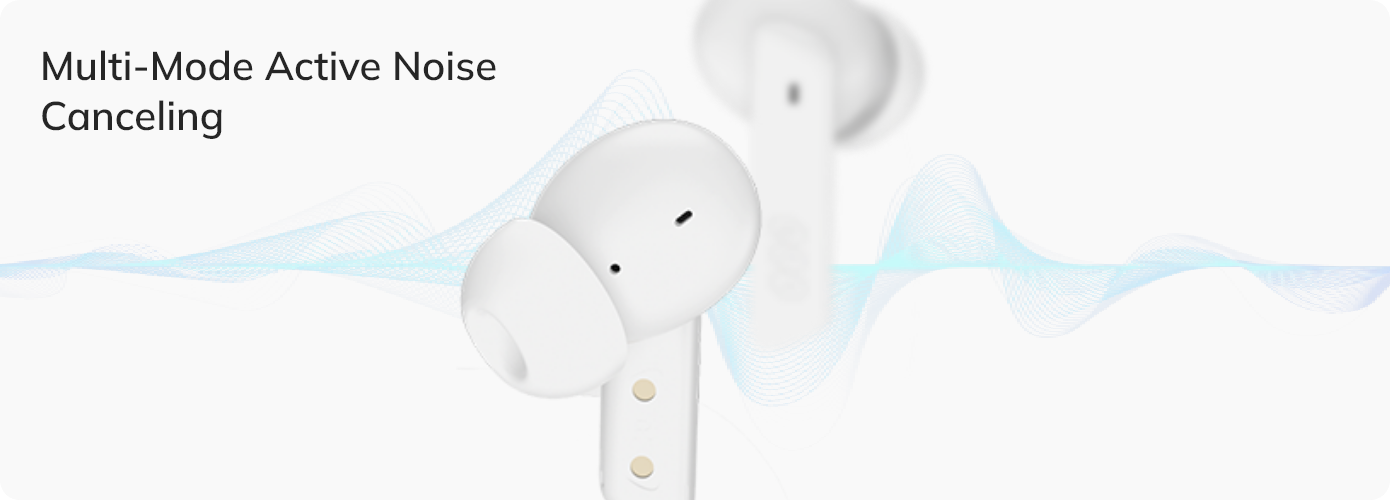 White wireless earbuds with multi-mode active noise canceling, featuring sleek design and blue soundwave graphics.